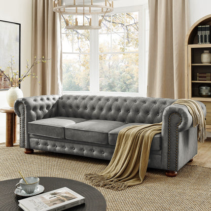 Chesterfield Sofa Tufted Upholstered PU 3-Seater Sofa Scrolled Arms with Nailhead Decoration