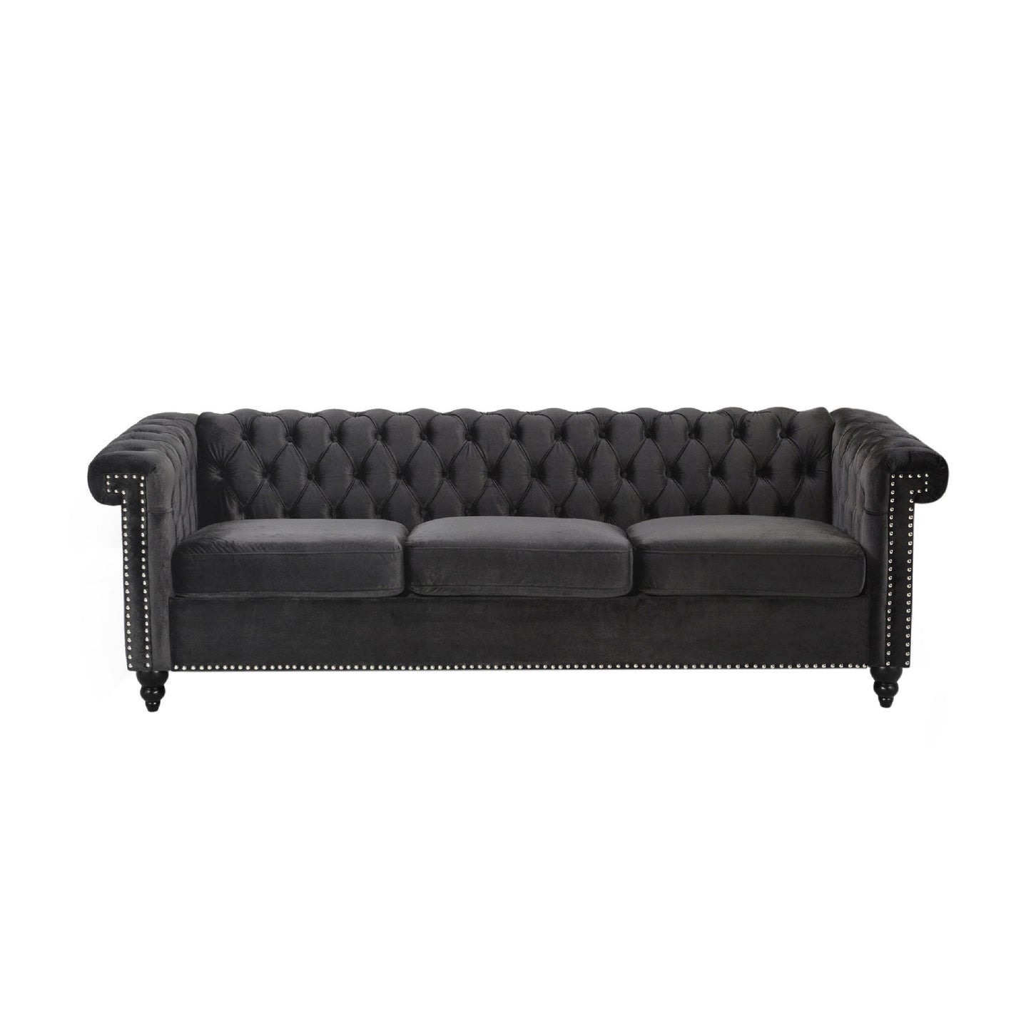 Chis 3 Seater Sofa, Chesterfield Tufted Black Velvet, 83 Inch