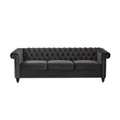 Chis 3 Seater Sofa, Chesterfield Tufted Black Velvet, 83 Inch