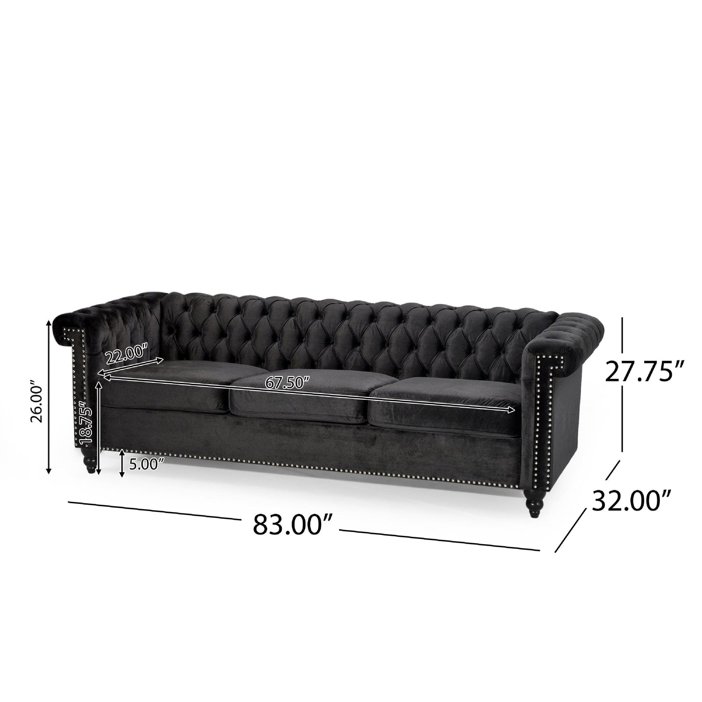 Chis 3 Seater Sofa, Chesterfield Tufted Black Velvet, 83 Inch