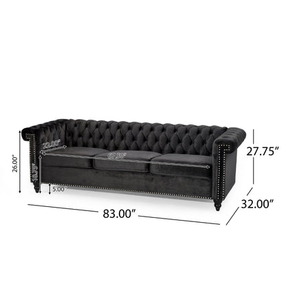 Chis 3 Seater Sofa, Chesterfield Tufted Black Velvet, 83 Inch