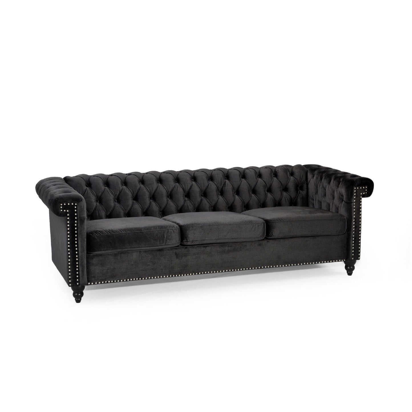 Chis 3 Seater Sofa, Chesterfield Tufted Black Velvet, 83 Inch