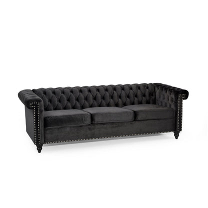 Chis 3 Seater Sofa, Chesterfield Tufted Black Velvet, 83 Inch