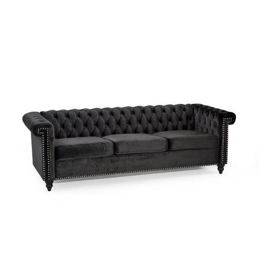 Chis 3 Seater Sofa, Chesterfield Tufted Black Velvet, 83 Inch