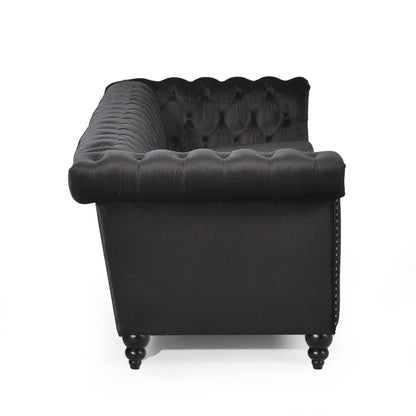 Chis 3 Seater Sofa, Chesterfield Tufted Black Velvet, 83 Inch