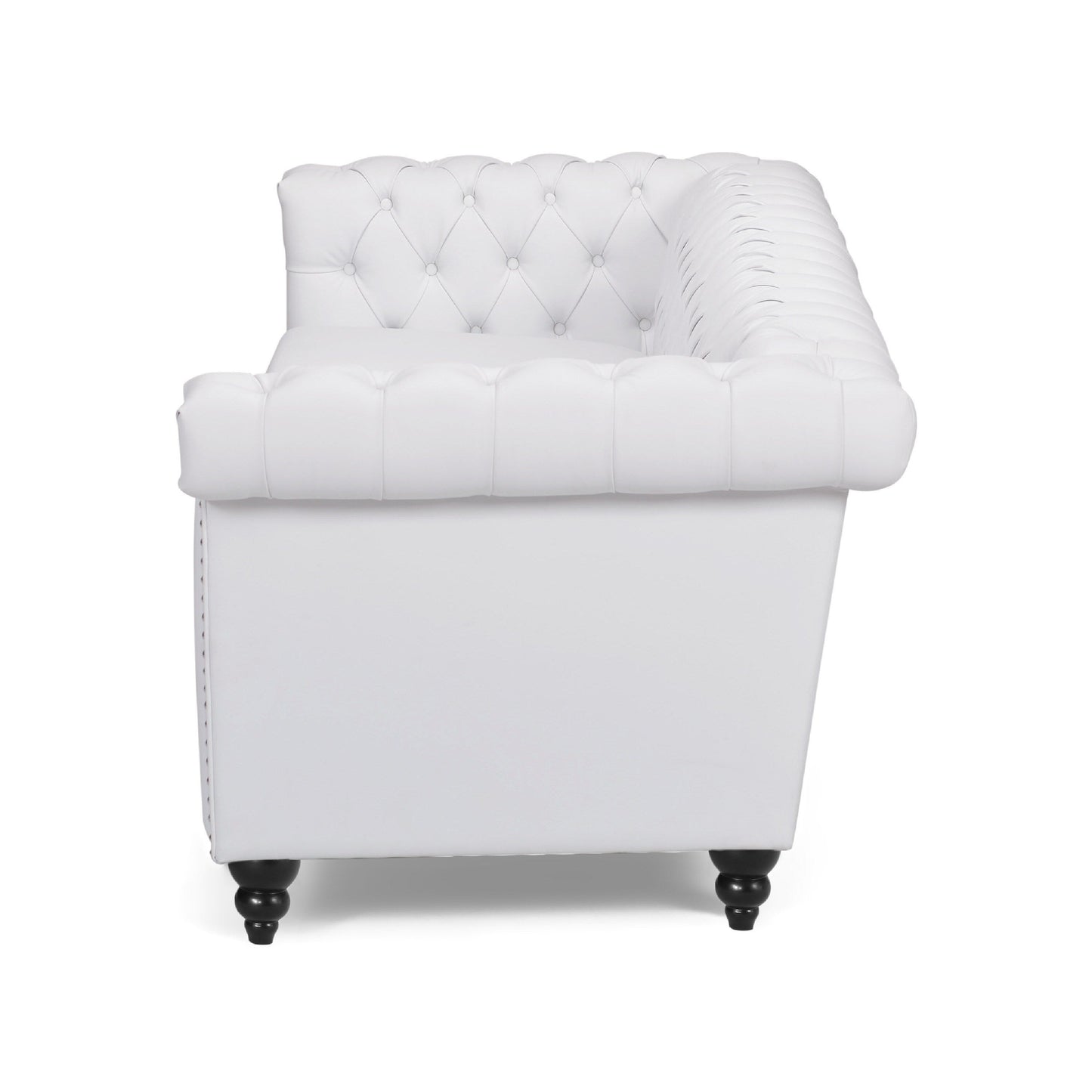 Chis Sofa, Deep Chesterfield Tufted White Faux Leather, 83 Inch