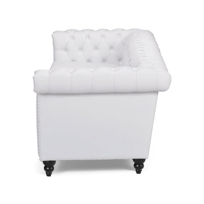 Chis Sofa, Deep Chesterfield Tufted White Faux Leather, 83 Inch