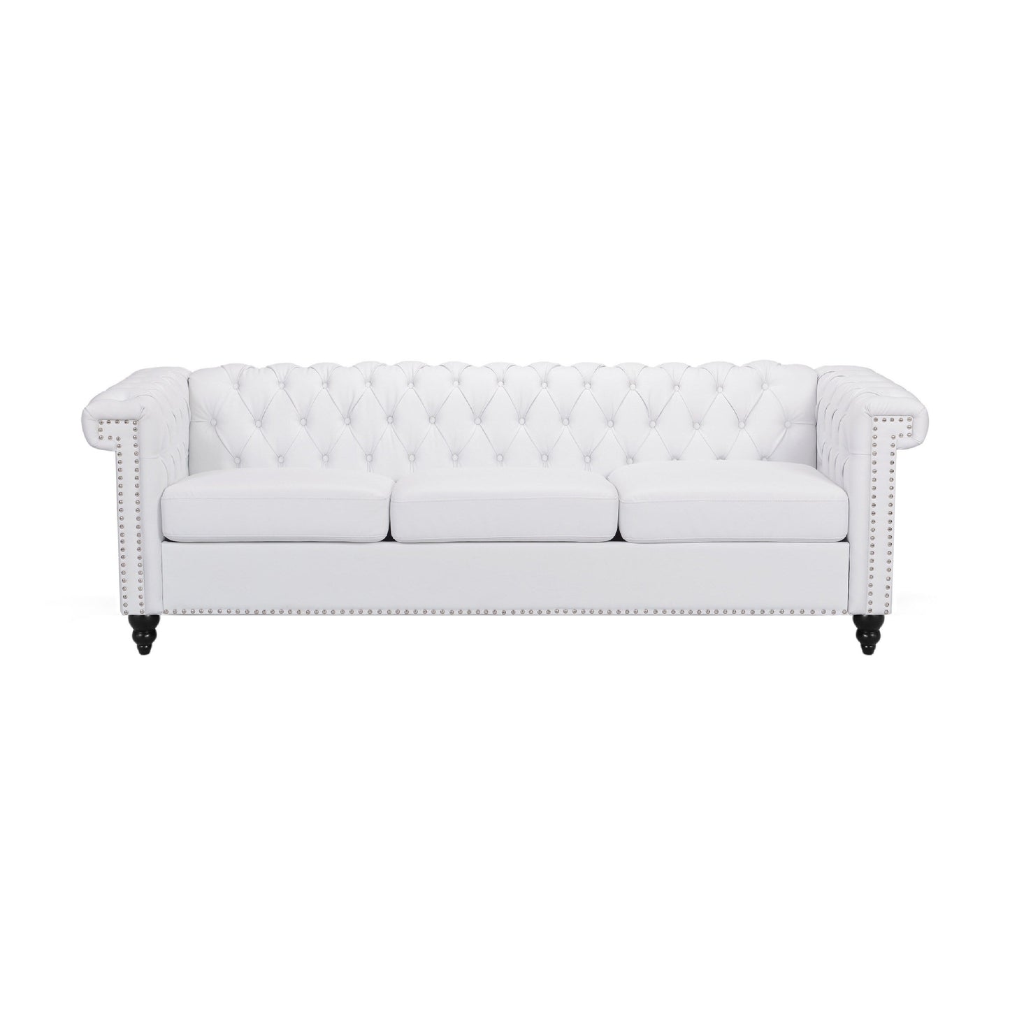 Chis Sofa, Deep Chesterfield Tufted White Faux Leather, 83 Inch