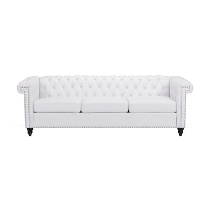 Chis Sofa, Deep Chesterfield Tufted White Faux Leather, 83 Inch