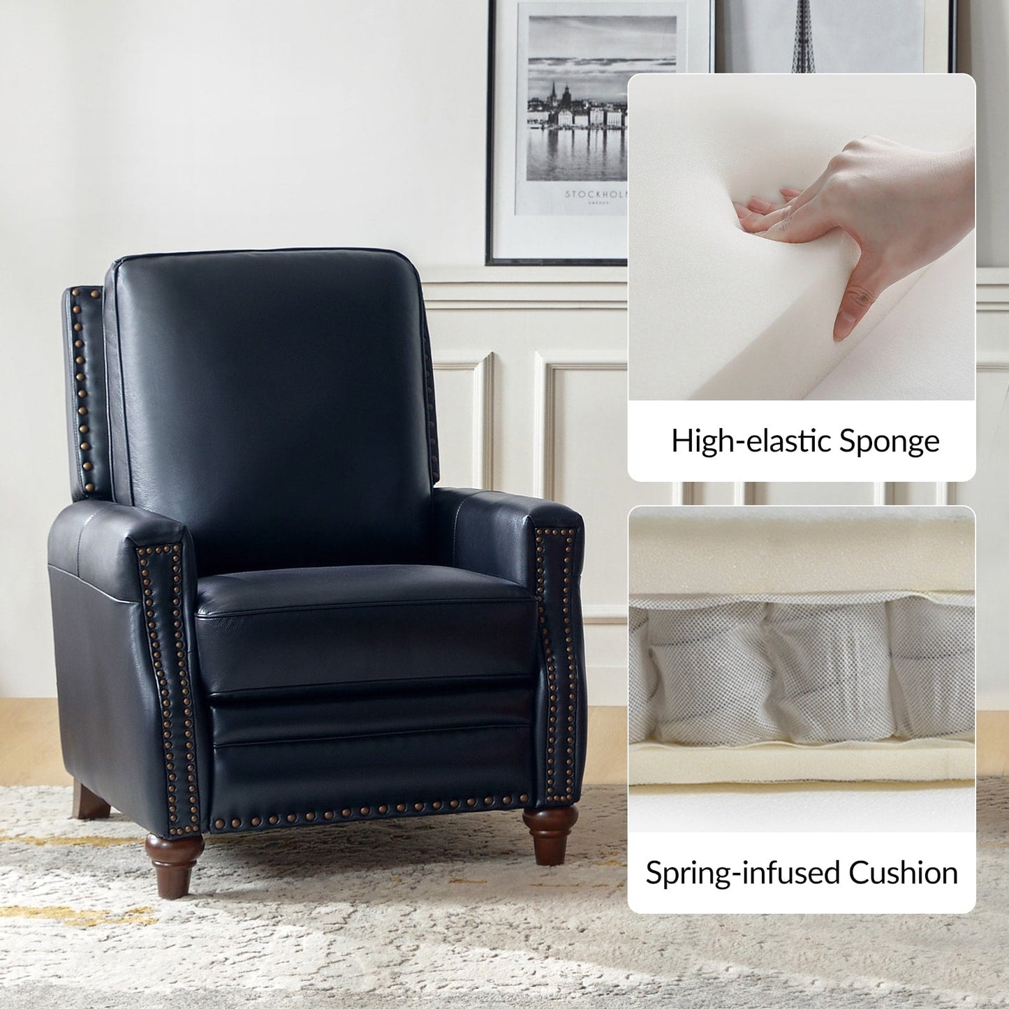 Cigar Mid-century Modern Genuine Leather Recliner with Nailhead Trim by HULALA HOME