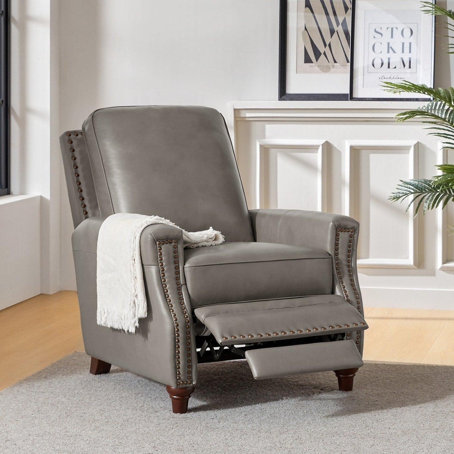 Cigar Mid-century Modern Genuine Leather Recliner with Nailhead Trim by HULALA HOME