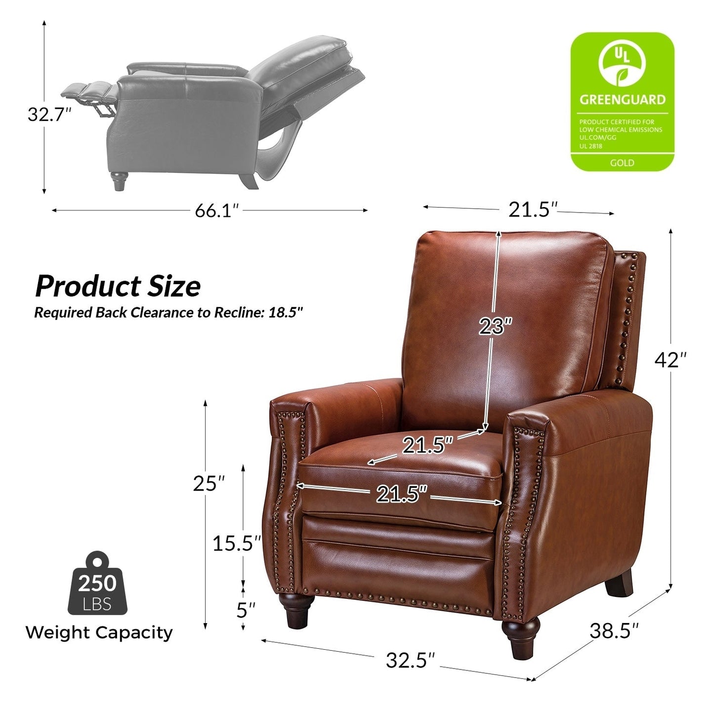 Cigar Mid-century Modern Genuine Leather Recliner with Nailhead Trim by HULALA HOME