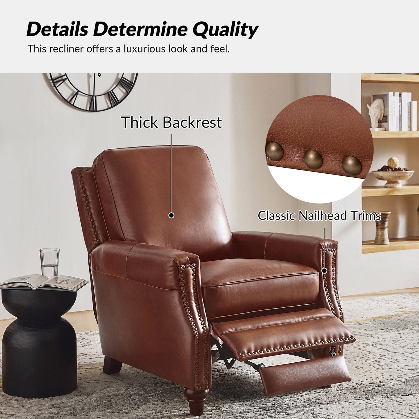 Cigar Mid-century Modern Genuine Leather Recliner with Nailhead Trim by HULALA HOME