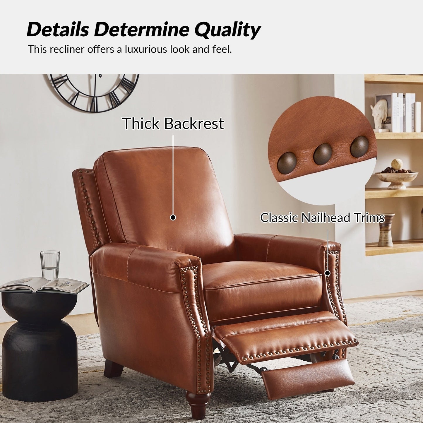 Cigar Mid-century Modern Genuine Leather Recliner with Nailhead Trim by HULALA HOME
