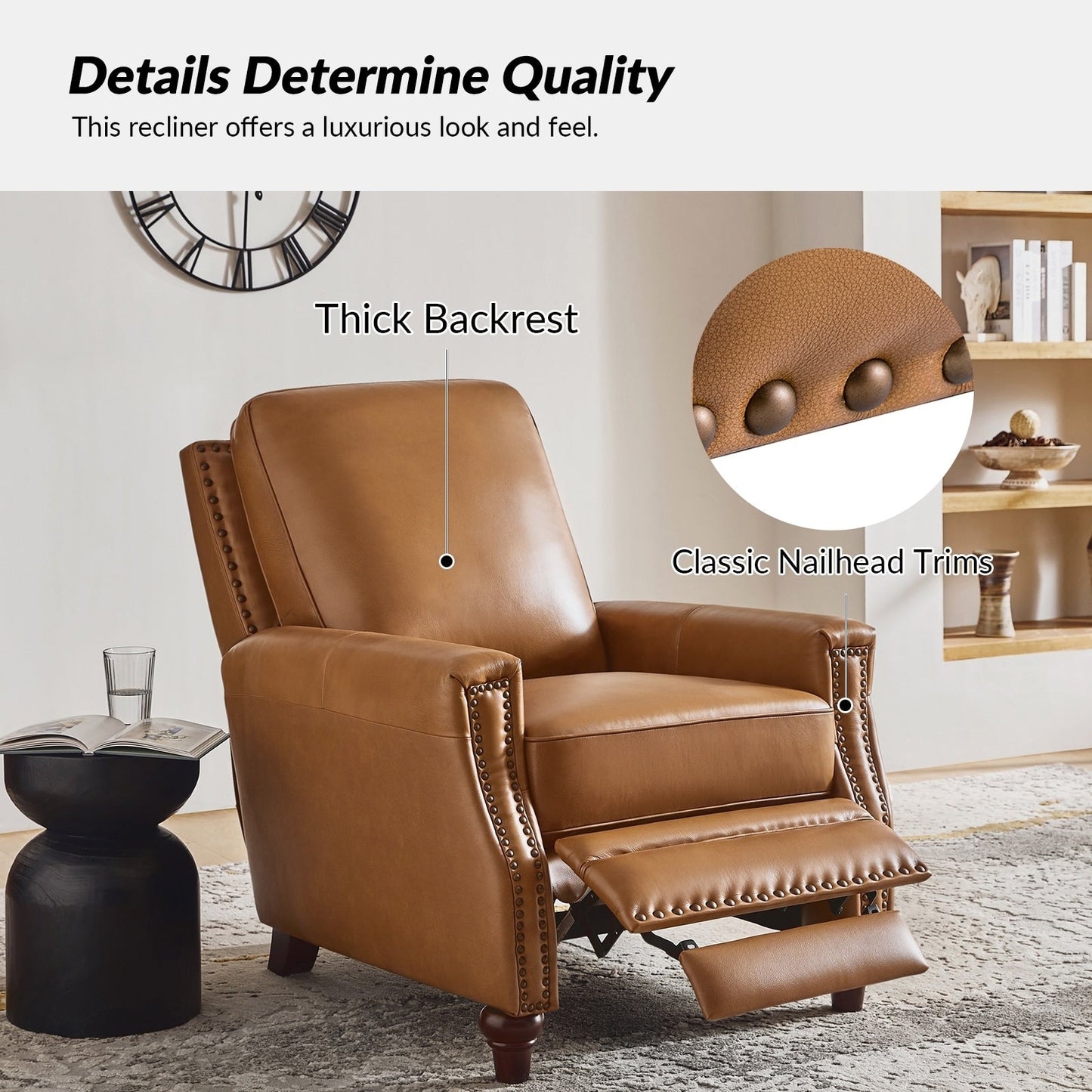 Cigar Mid-century Modern Genuine Leather Recliner with Nailhead Trim by HULALA HOME