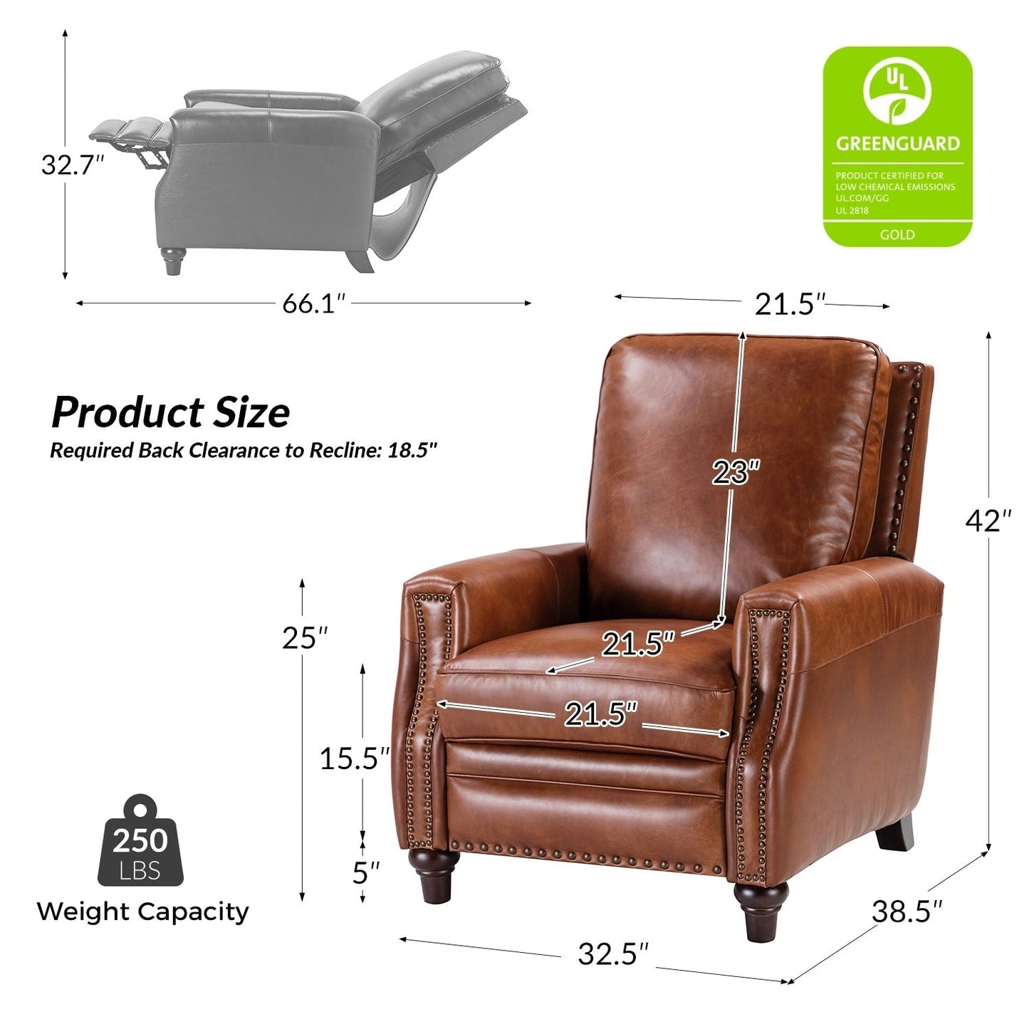 Cigar Mid-century Modern Genuine Leather Recliner with Nailhead Trim by HULALA HOME
