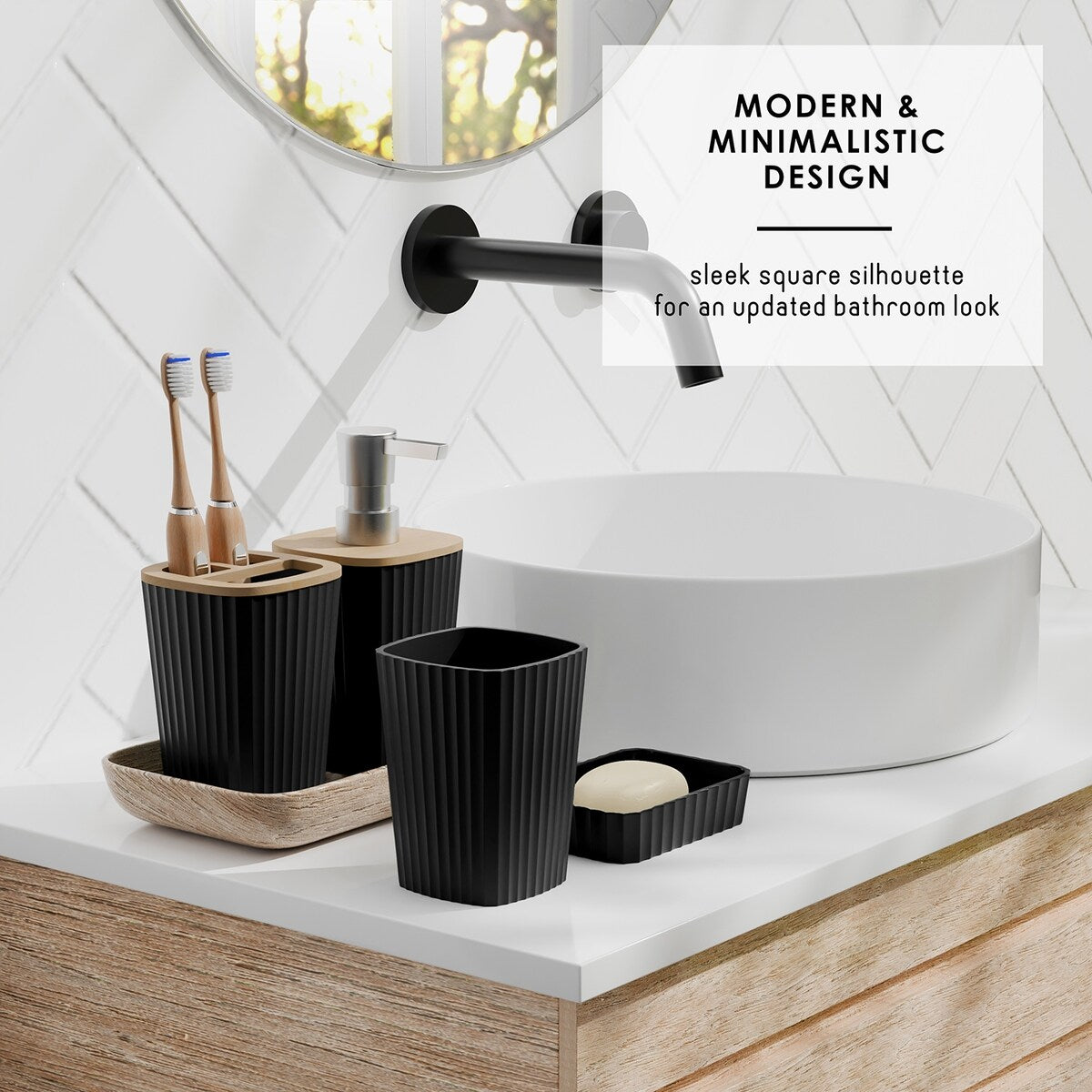 Clara Clark Bamboo Bathroom Accessories Set with Shower Curtain Set, Toilet Brush, Trash Can & Soap Dispenser