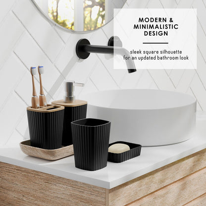 Clara Clark Bamboo Bathroom Accessories Set with Shower Curtain Set, Toilet Brush, Trash Can & Soap Dispenser