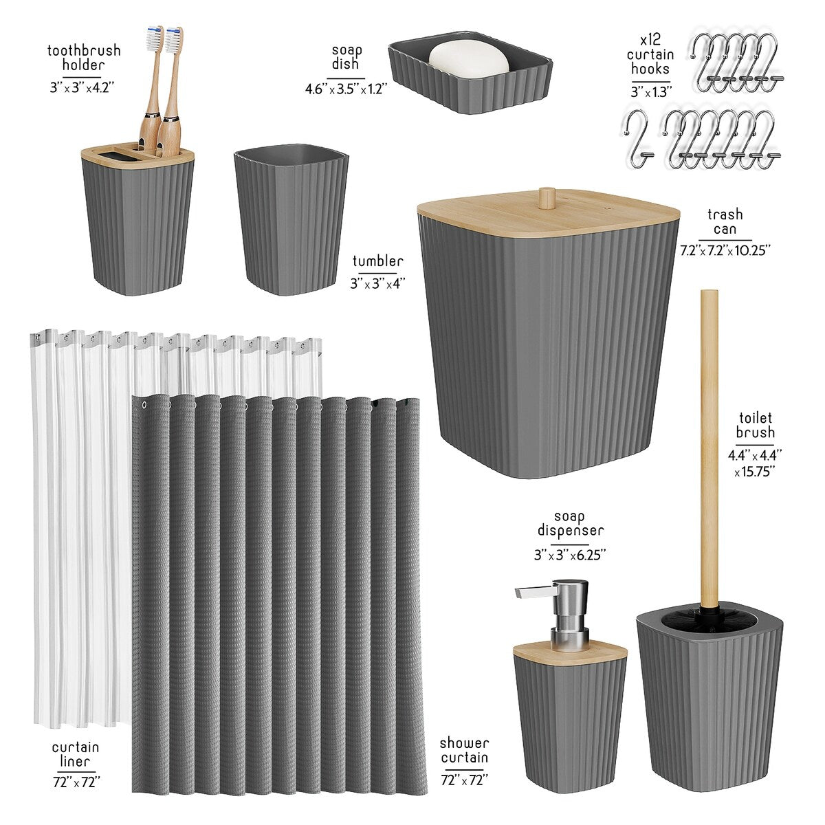 Clara Clark Bamboo Bathroom Accessories Set with Shower Curtain Set, Toilet Brush, Trash Can & Soap Dispenser