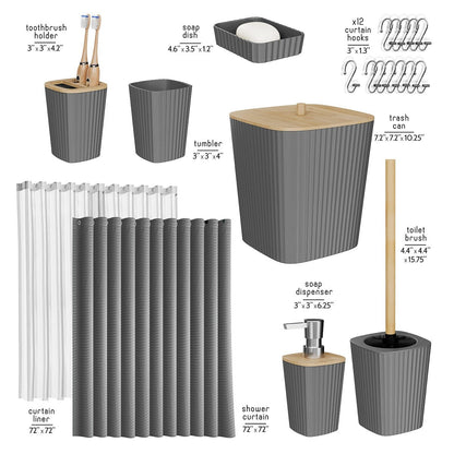 Clara Clark Bamboo Bathroom Accessories Set with Shower Curtain Set, Toilet Brush, Trash Can & Soap Dispenser