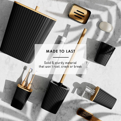 Clara Clark Bamboo Bathroom Accessories Set with Shower Curtain Set, Toilet Brush, Trash Can & Soap Dispenser