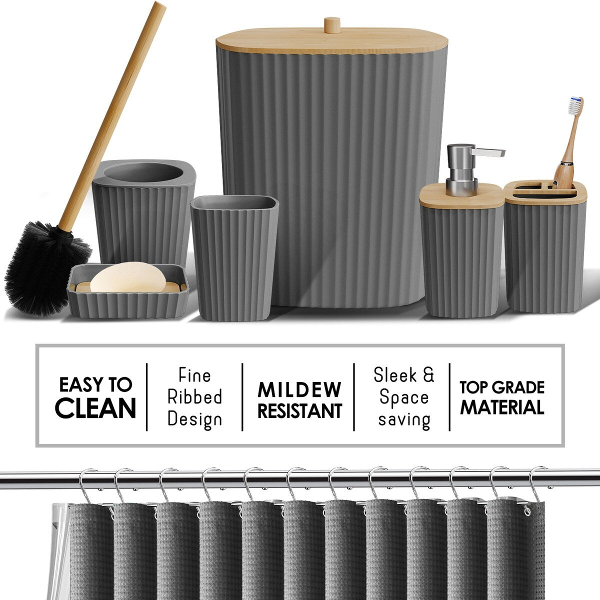 Clara Clark Bamboo Bathroom Accessories Set with Shower Curtain Set, Toilet Brush, Trash Can & Soap Dispenser