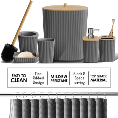 Clara Clark Bamboo Bathroom Accessories Set with Shower Curtain Set, Toilet Brush, Trash Can & Soap Dispenser