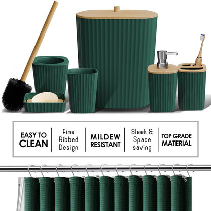 Clara Clark Bamboo Bathroom Accessories Set with Shower Curtain Set, Toilet Brush, Trash Can & Soap Dispenser