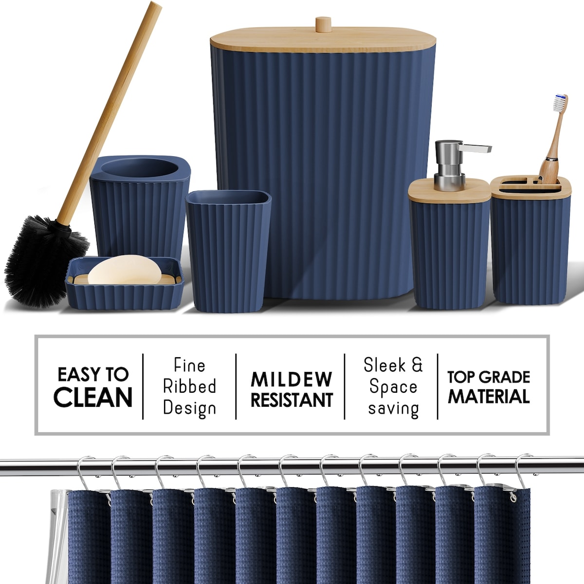 Clara Clark Bamboo Bathroom Accessories Set with Shower Curtain Set, Toilet Brush, Trash Can & Soap Dispenser