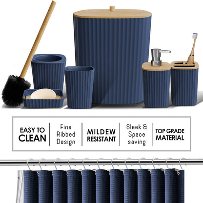 Clara Clark Bamboo Bathroom Accessories Set with Shower Curtain Set, Toilet Brush, Trash Can & Soap Dispenser
