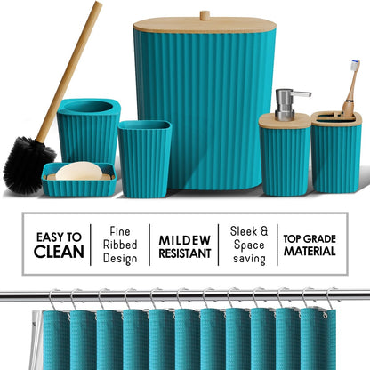 Clara Clark Bamboo Bathroom Accessories Set with Shower Curtain Set, Toilet Brush, Trash Can & Soap Dispenser