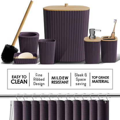 Clara Clark Bamboo Bathroom Accessories Set with Shower Curtain Set, Toilet Brush, Trash Can & Soap Dispenser