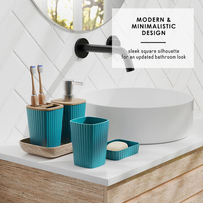 Clara Clark Bamboo Bathroom Accessories Set with Shower Curtain Set, Toilet Brush, Trash Can & Soap Dispenser