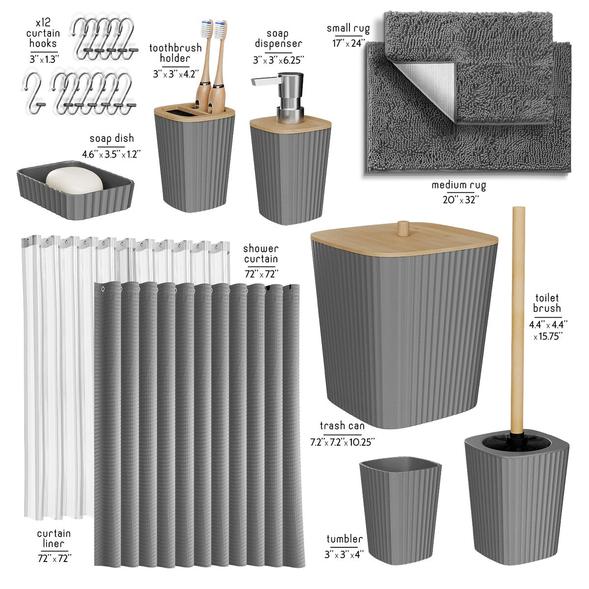 Clara Clark Bamboo Bathroom Accessories Set with Shower Curtain Set, Toilet Brush, Trash Can & Soap Dispenser