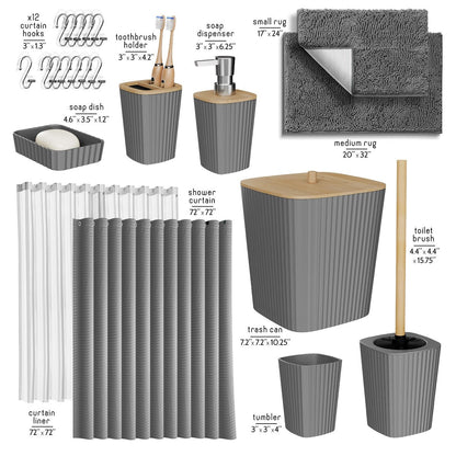 Clara Clark Bamboo Bathroom Accessories Set with Shower Curtain Set, Toilet Brush, Trash Can & Soap Dispenser