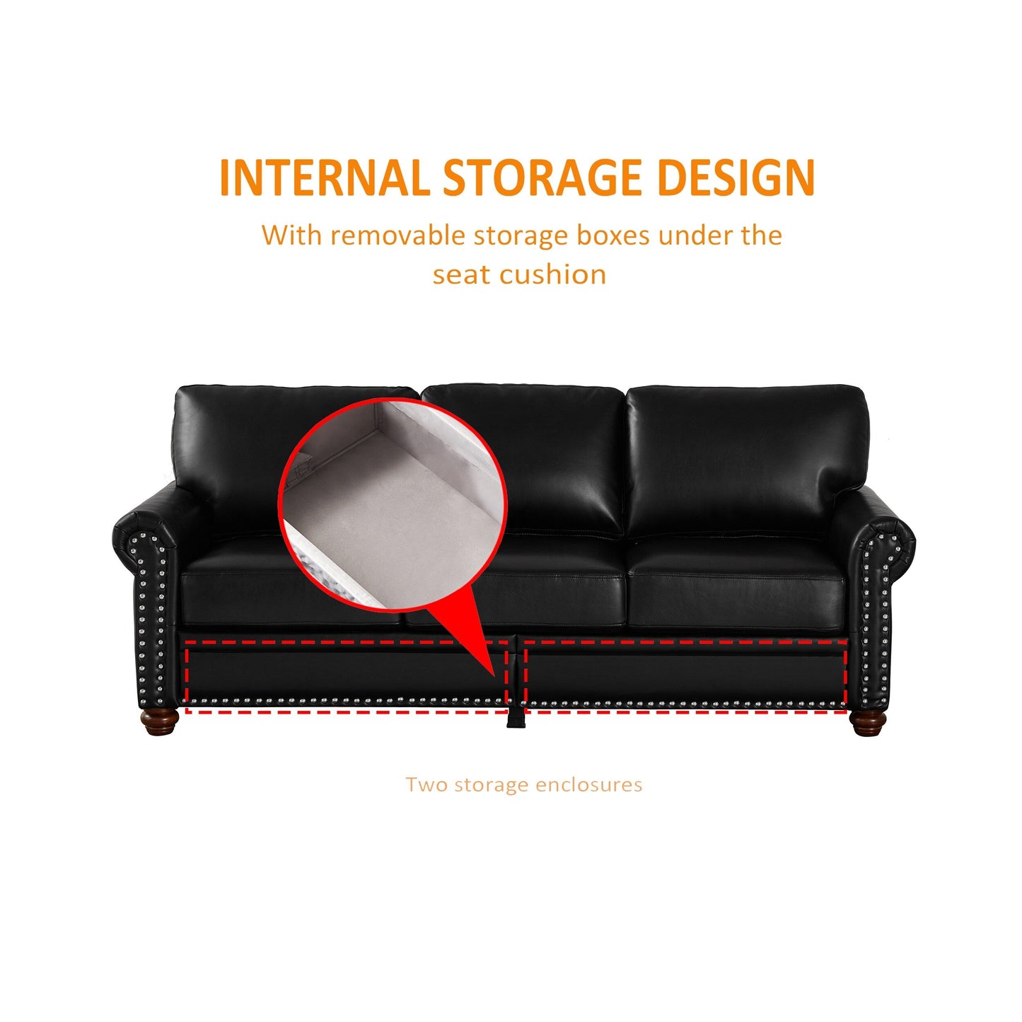 Classic 83 PU Leather Upholstered 3-Seater Sofa with Bottom Storage Box and Nailhead Decoration