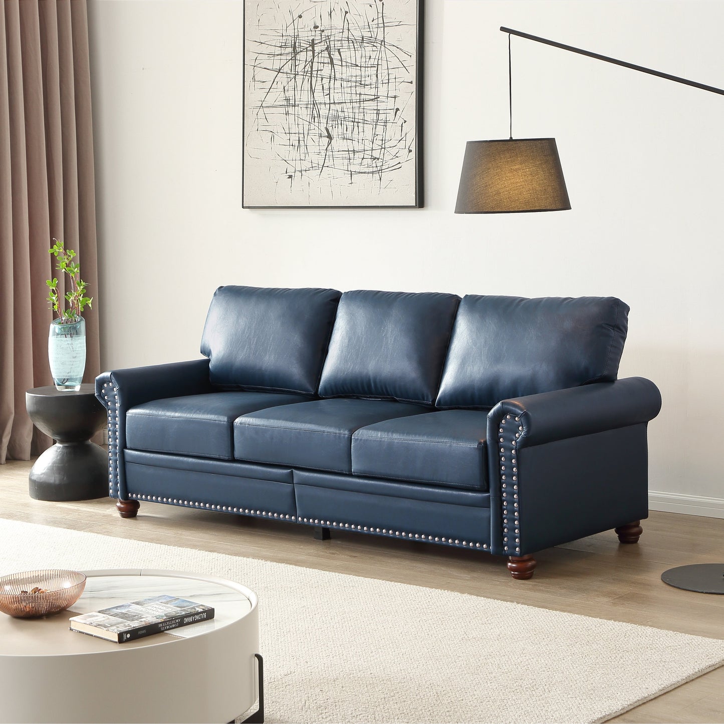 Classic 83 PU Leather Upholstered 3-Seater Sofa with Bottom Storage Box and Nailhead Decoration