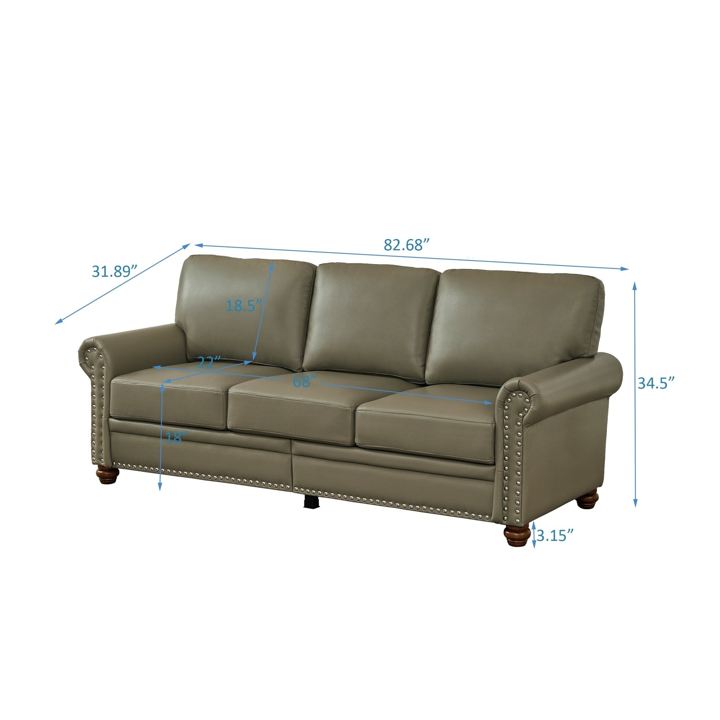 Classic 83 PU Leather Upholstered 3-Seater Sofa with Bottom Storage Box and Nailhead Decoration