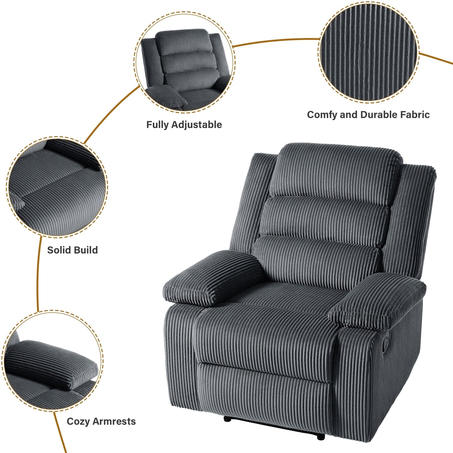Classic Corduroy Upholstered Push Back Manual Recliner Chair