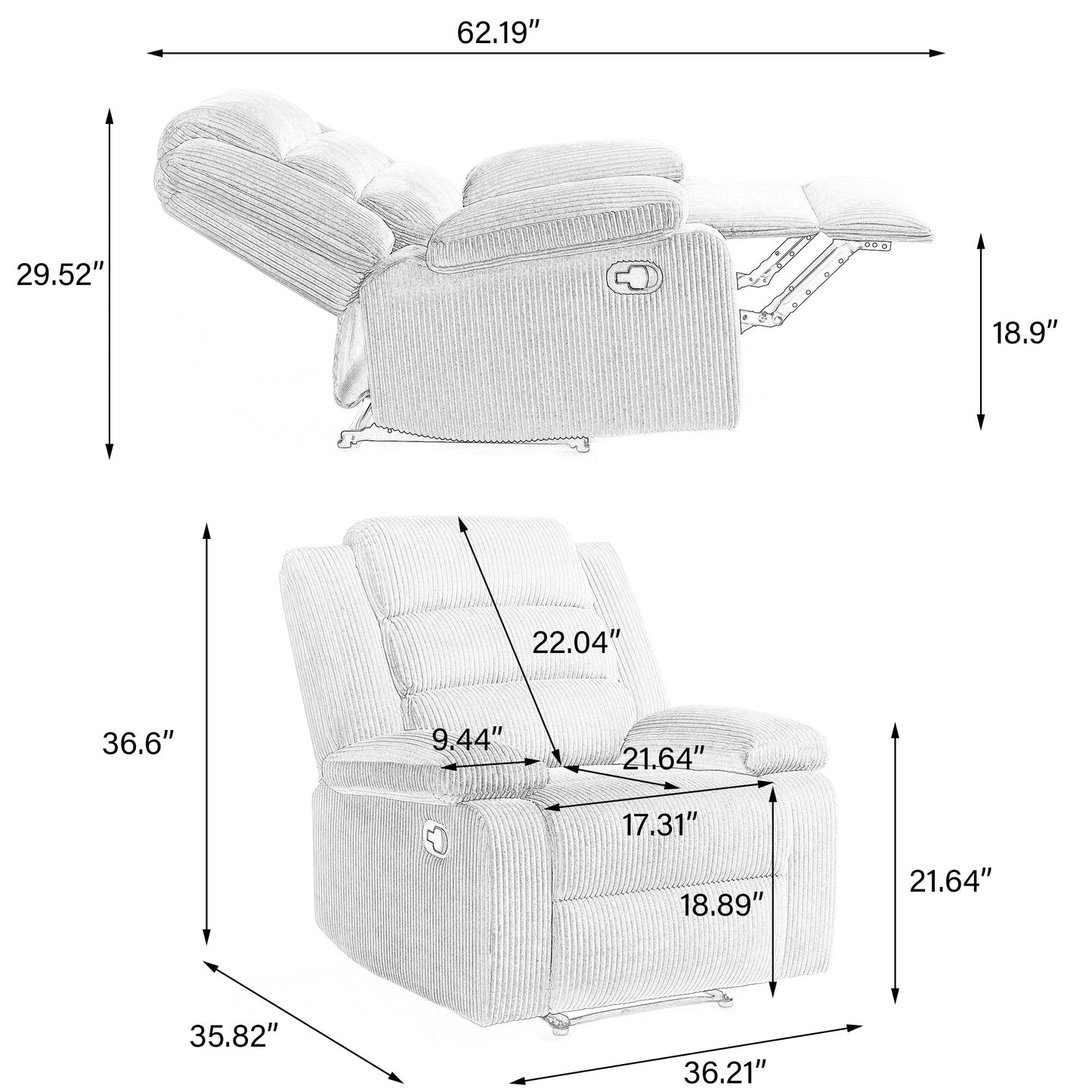 Classic Corduroy Upholstered Push Back Manual Recliner Chair