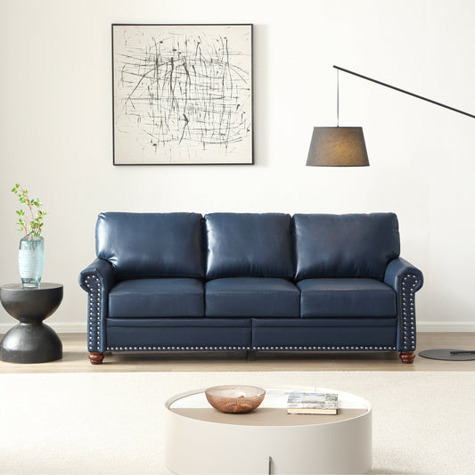 Classic Living Room Round Arm with Silver Nails Sofa Navy Blue Faux Leather