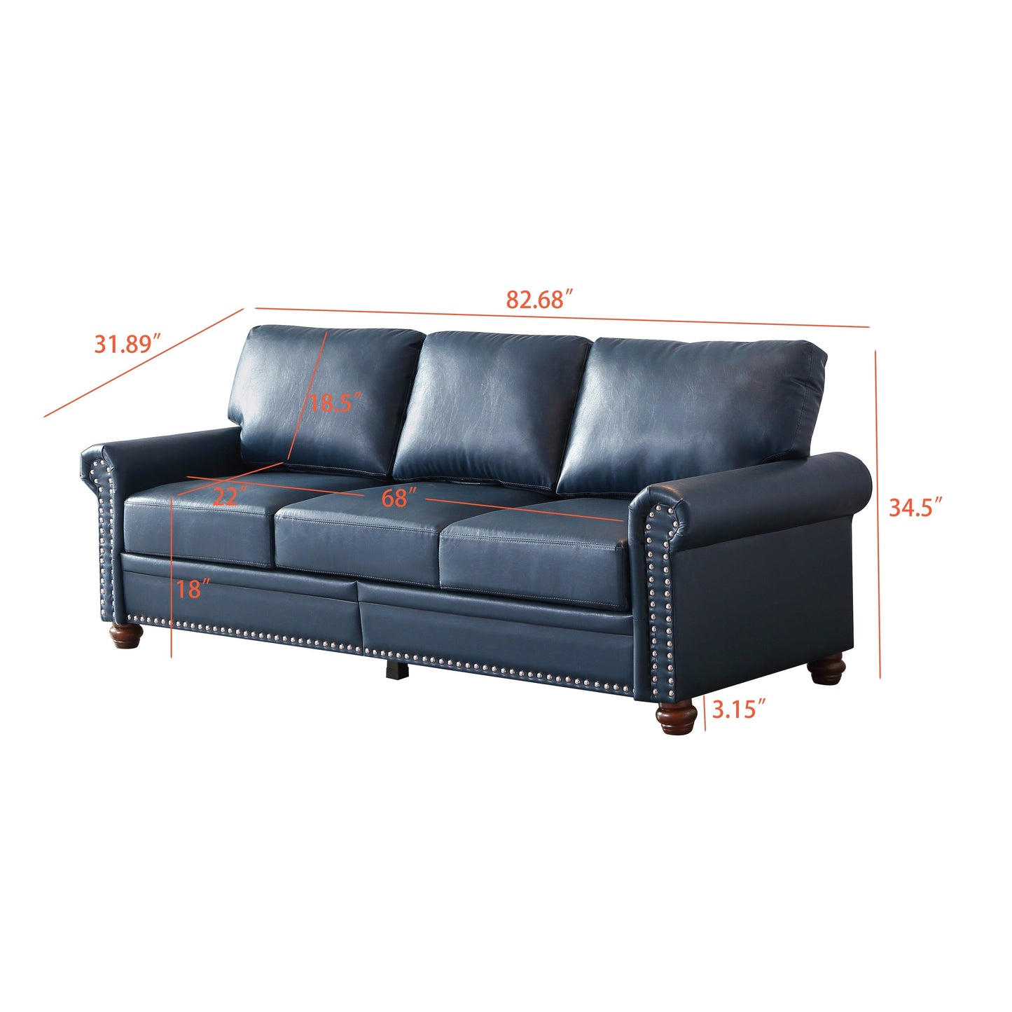 Classic Living Room Round Arm with Silver Nails Sofa Navy Blue Faux Leather