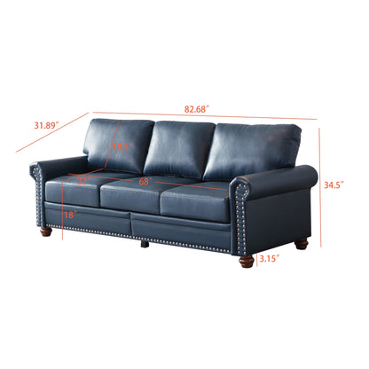 Classic Living Room Round Arm with Silver Nails Sofa Navy Blue Faux Leather