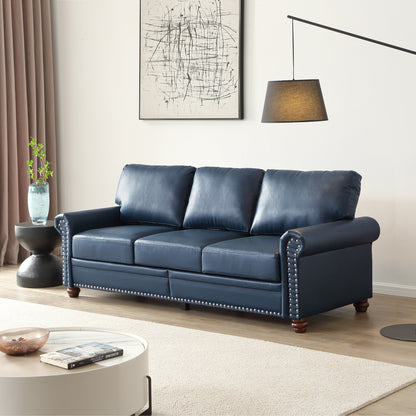 Classic Living Room Round Arm with Silver Nails Sofa Navy Blue Faux Leather