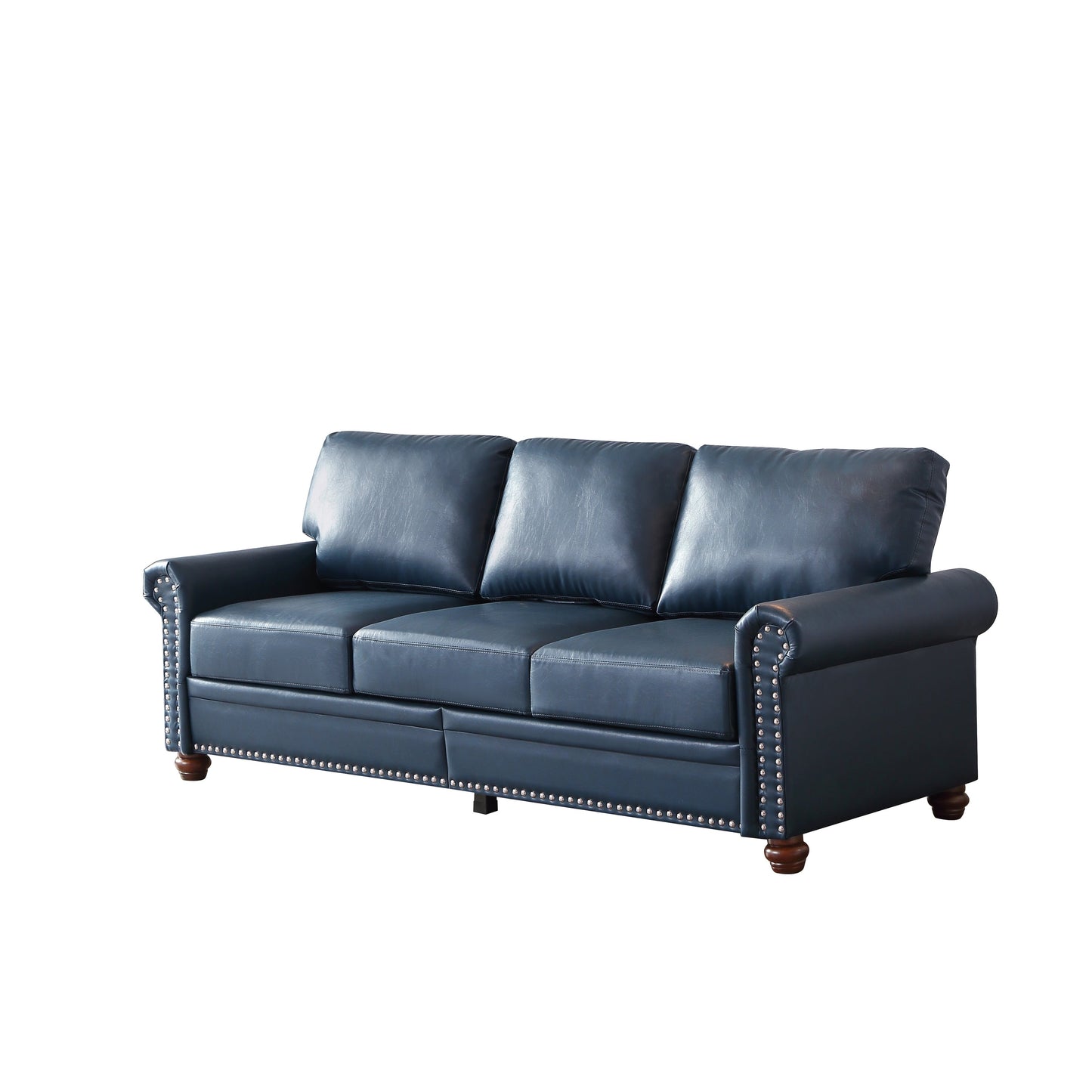 Classic Living Room Round Arm with Silver Nails Sofa Navy Blue Faux Leather
