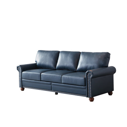 Classic Living Room Round Arm with Silver Nails Sofa Navy Blue Faux Leather