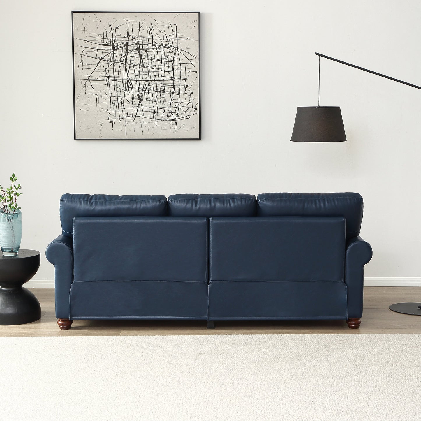 Classic Living Room Round Arm with Silver Nails Sofa Navy Blue Faux Leather