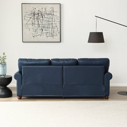Classic Living Room Round Arm with Silver Nails Sofa Navy Blue Faux Leather
