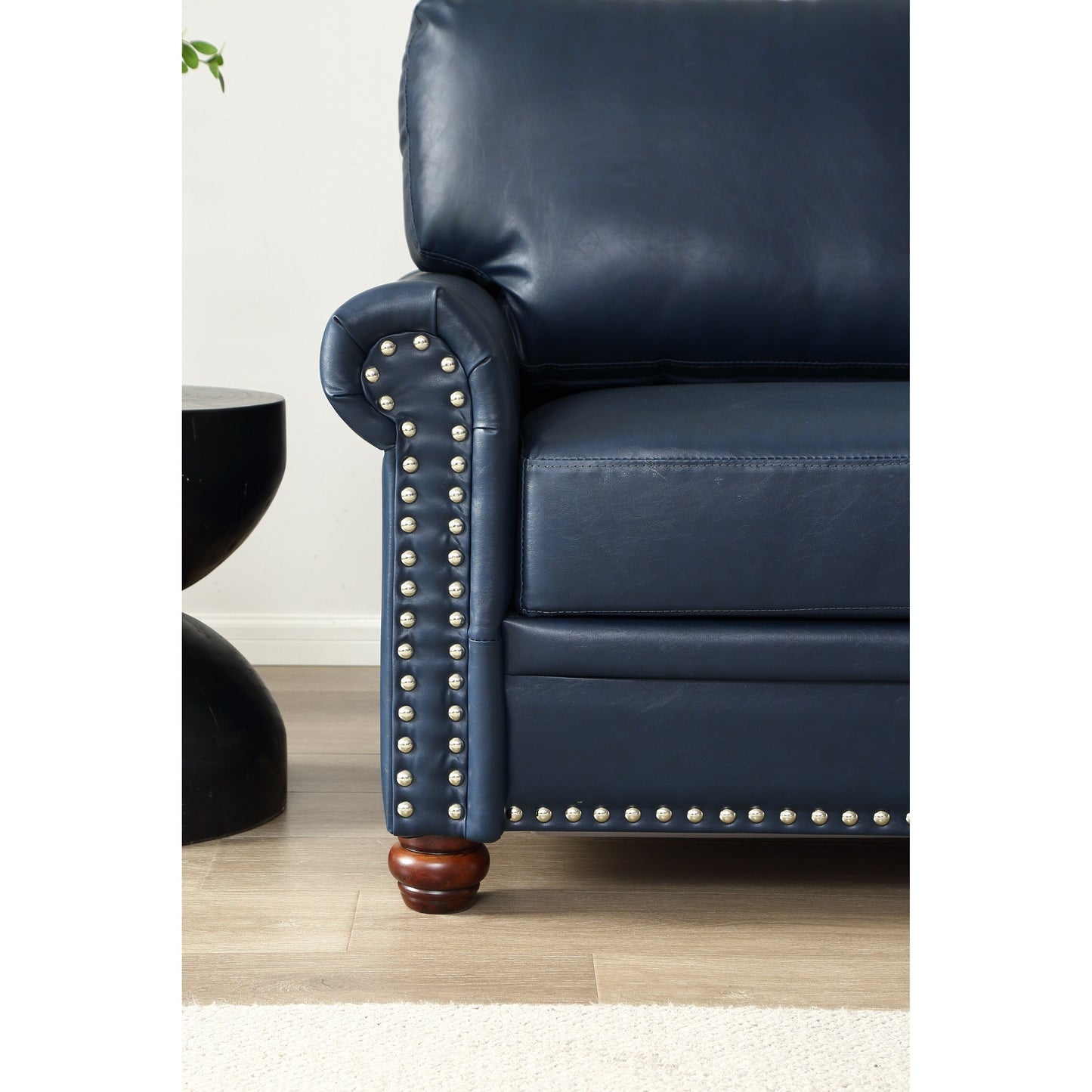 Classic Living Room Round Arm with Silver Nails Sofa Navy Blue Faux Leather
