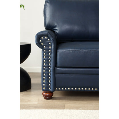 Classic Living Room Round Arm with Silver Nails Sofa Navy Blue Faux Leather